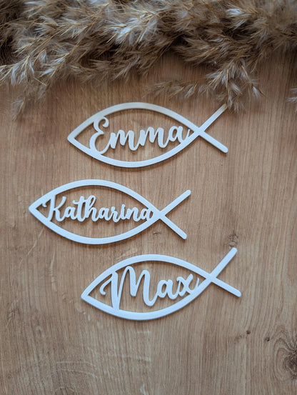 Platzkarten Fisch personalisiert für Kommunion, Taufe, Konfirmation
