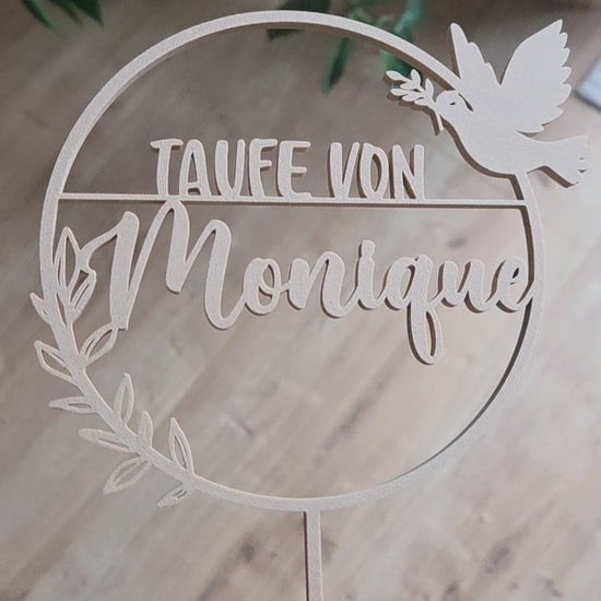 cake topper taufe in der Farbe Beige mit Taube und Name Monique