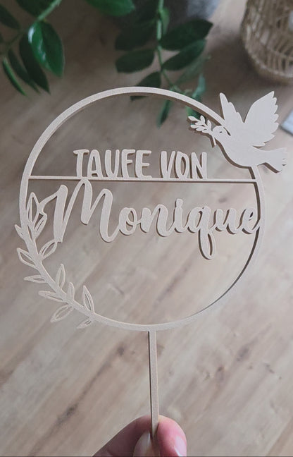cake topper taufe in der Farbe Beige mit Taube und Name Monique